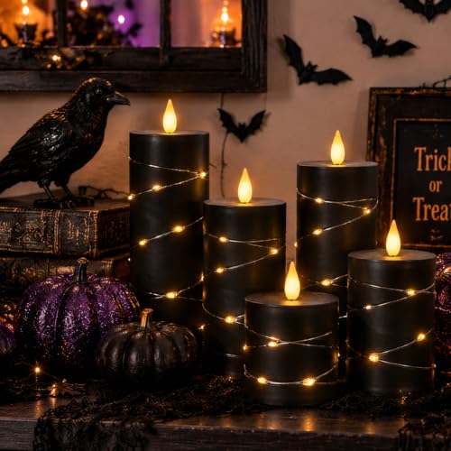 Image of Homemory Black Flameless Candles with Fairy Lights, Remote Timer, Set of 3