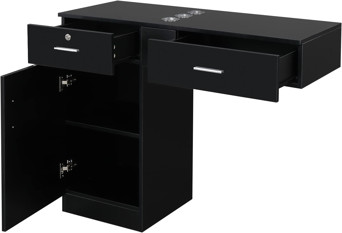 Cabinet with drawers and door open, showing internal storage