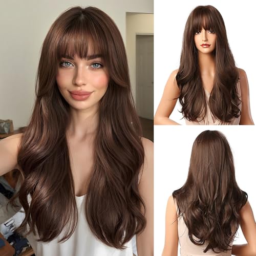 Esmee Pelucas Marrones Peluca Sintética de 24' de largo con Cabeza Natural de Alta Densidad Pelucas de Cabello Permanente al Calor para Mujeres