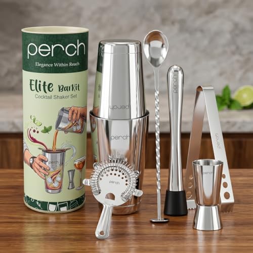 Image of O' Holic by Perch Elite Bartender Kit 6 Piece Cocktail Shaker Set, Stainless Steel Mixology Bar Tool Set with Jigger, Strainer, Muddler, Bar Spoon & Ice Tongs, Home Bar Accessories Gift Set |Silver