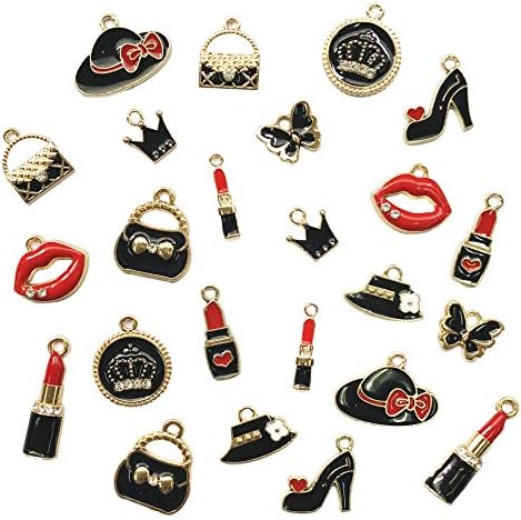 24 PCS Assorted Enamel Charms Black Jewelry Making Pendants Lady Fashion Women Makeup DIY Charms for Necklace Bracelet Earrings