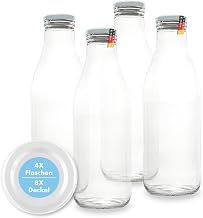 Flaschenbauer Milk Bottles 1 Litre Set of 4 White Glass Bottles for Filling, Glass Bottle with Twist-Off Lid TO48 & Replacement Lid, Juice Bottles, Smoothie Bottles, Storage Bottles, Made in Germany