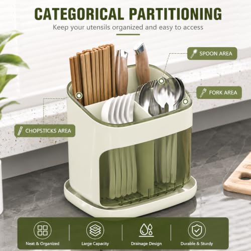 Image of Cutlery Holder with Drainage Tray | Kitchen Cutlery Organizer with Removable Partition | Large Capacity Countertop Storage Caddy (Green)