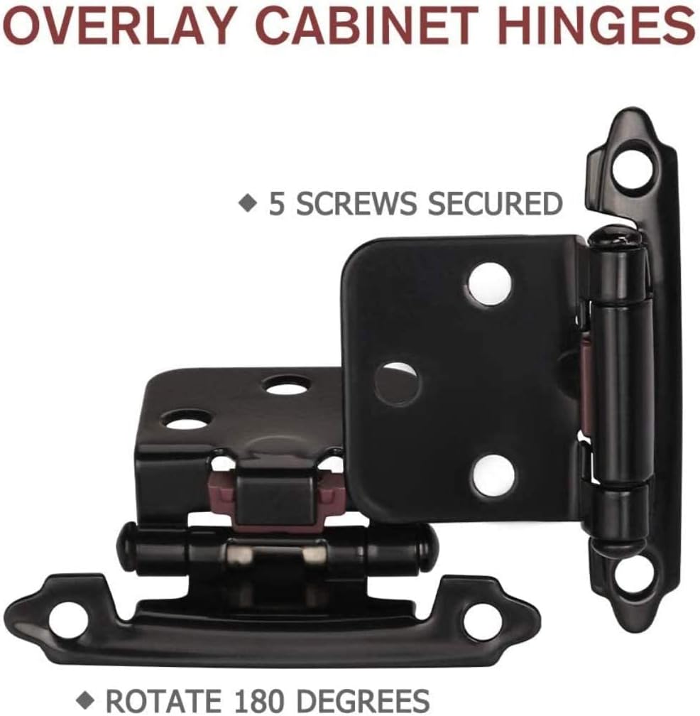50 Pcs Matte Black Overlay Cabinet Door Hinges, 1/2" Overlay Self Closing Hinges Hardware for Kitchen,Cabinets,Cupboard,Furniture Doors,25 Pairs