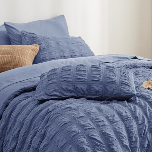Bedsure Bed in a Bag Queen - 7 Pieces Plaid Seersucker Bedding Comforter Sets, Soft Lightweight Mineral Blue Boho Bed Set with Comforters Queen Size, Sheets, Pillowcases & Shams
