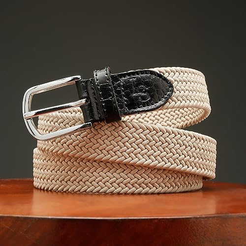 Image of LOUIS STITCH Men's Braided Elastic Stretch Belt with Leather Tipped End Stretchable Canvas Waist Band for Men Women Boys Girls Unisex (Width 3 cm) (BE-EL)
