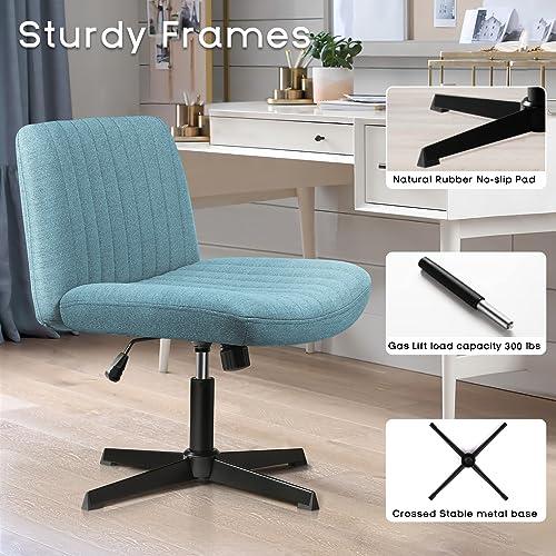 Pukami Armless Office Desk Chair No Wheels For Girl Women,Fabric Padded Modern Swivel Vanity Chair,Height Adjustable Wide Seat Computer Task Chair For Home Office,Mid Back Accent Chair (Light Blue) #TOP3