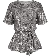 GRACE KARIN Women Sequin Party Cocktails Tops Short Sleeve Crew Neck Elastic Tie Waist Peplum Blo...