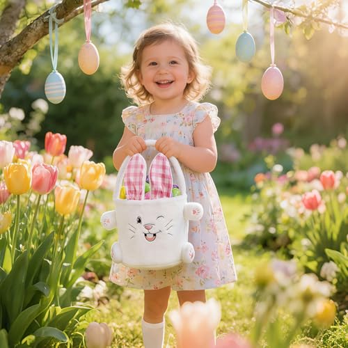 Image of ARVINKEY Easter Bunny Basket, Plush Bunny Easter Egg Hunting Bucket Bags with Rabbit Ears Egg Gift Bags Tote Bags for Easter Decorations,Candy Gifts Storage