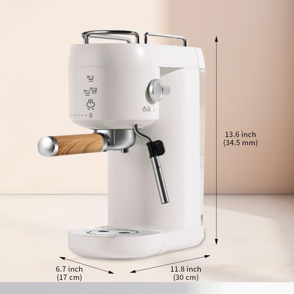 Espresso Machine, 1L Boiler, 20 Bar Pressure, Compact Size, 3 Functions (White)
