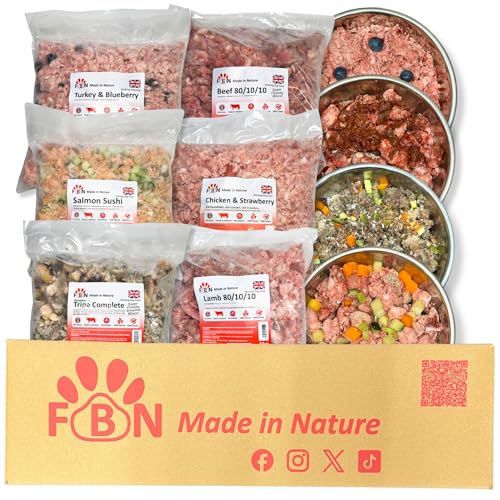 Raw Dog Food Taster Box 6kg BARF Premium British Meat Frozen Dog Food Variety Pack 6 x 1kg Complete Dog Food Trial Box with Beef Chicken Lamb Turkey Tripe Salmon