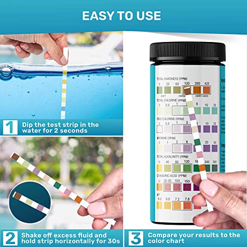 JNW 7-in-1 Pool Test Strips, 150 Quick & Accurate Test Strips for Pool Water, Spa Test Strips for Hot Tub, Chlorine Test Strips, Bromine, pH, Alkalinity, Hardness & More - Swimming Pool Test Kit - Thumbnail 6
