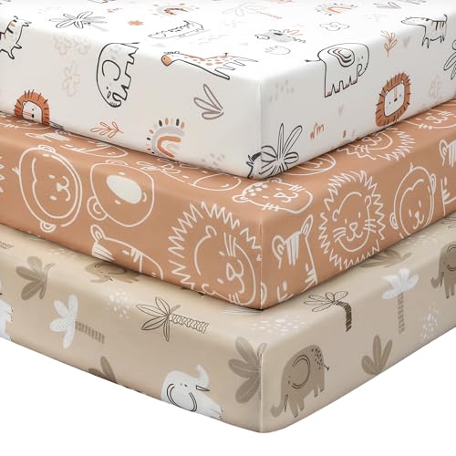 Image of FIEMOL Baby Crib Sheets for Boys and Girls, 3 Pack Toddler Bed Sheets for 52”x28” Standard Toddler Mattresses, Soft Microfiber Fitted Crib Sheets Neutral Orange Animal World