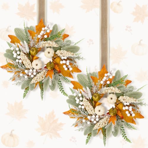 2 Pcs Small Fall Wreaths, Farmhouse Mini Wreath for Kitchen Cabinet Decor
