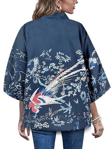 Image of LAI MENG FIVE CATS Women's Floral Print Loose Blouse Japanese Kimono Tops | Puff Sleeve,Cover up Top,Casual Cute Tops,Summer Cardigans 2026