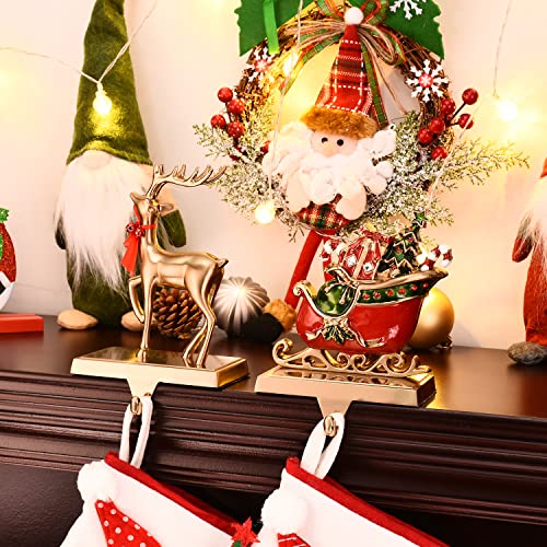 Set Of 2 Reindeer And Sleigh Christmas Stocking Holder For Fireplace Metal Christmas Stocking Hangers For Mantle Stocking Hooks For Fireplace Free Standing Xmas Mantel Decor (Antique Gold Reindeer) #TOP4
