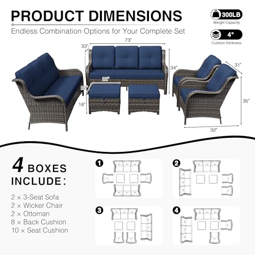 Image of Joyside 6 Piece Wicker Patio Furniture Set, Rattan Patio Chairs with High Back, Deep Seating, Wide Armrest, Thickened Cushions, Outdoor Furniture for Deck, Porch Use