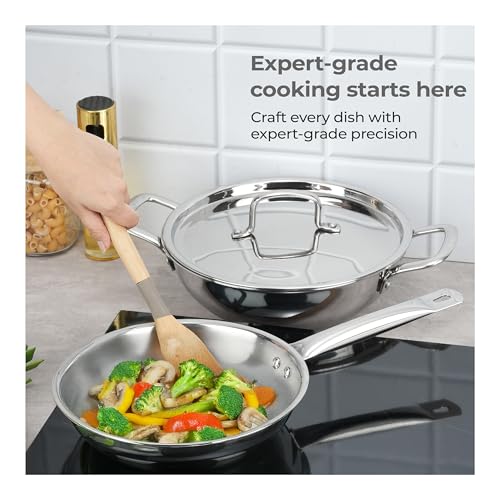 Lifelong Triply 3 piece cookware Set| 22cm Fry Pan (1.25L) & 22cm Triply Kadhai (2L) with Common Steel Lid | Soft Touch Handle | Even Heat... - Image 5