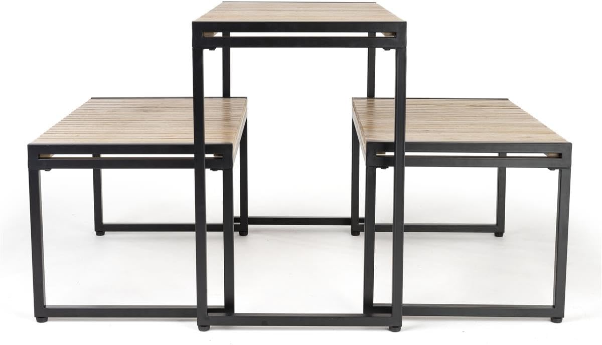 Displays2go Rustic Nesting Display Tables – Set of 3 Slatted Pine Wood Merchandising Stands with Black Metal Frame, Natural Finish (SMWMPNLT3S)