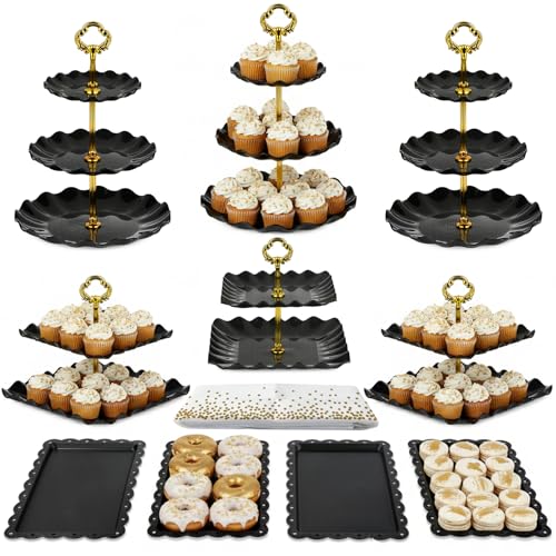Pack of 11 NWK Cake Stand Set with 3 x Two-Tier and 3 x Three-Tier Cupcake Stands 4 x Appetizer Trays 1 x Tablecloth for Birthday Bridal Baby Shower Party (Black)