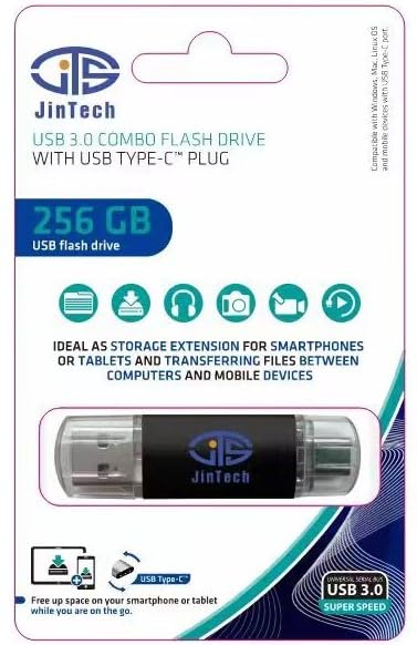 256GB Dual Drive USB-C Flash Drive. Compatible with PC, MAC, Android and iPhone, Laptops, Tablets, Gaming Systems and Other USB Capable Devices. USB 2.0, 3.0