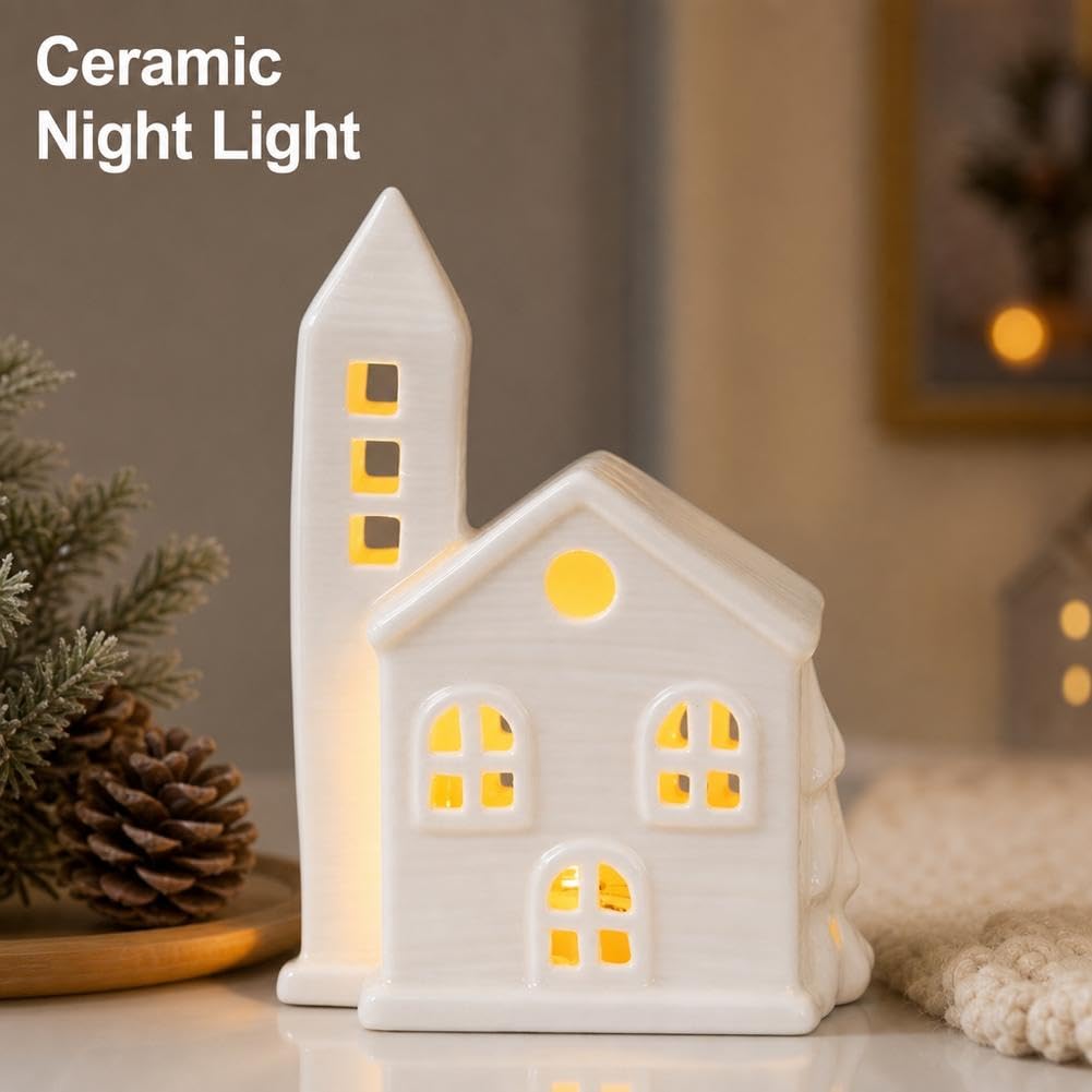 Set di 8 statuette di villaggio di Natale, in ceramica bianca, con luce LED, piccole statuette da tavolo in porcellana, decorazioni natalizie per vacanze invernali e mensole