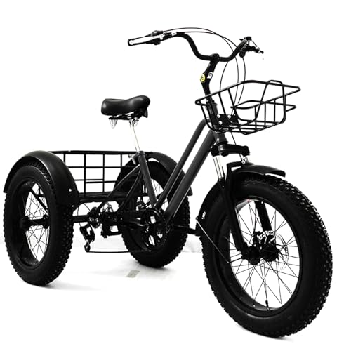 DEaThsalL 20 Zoll Fat Tire Dreiräder für Erwachsene Rahmen Aus Kohlenstoffstahl 200 kg Tragfähigkeit Mit Verstellbarem Sattel Und Großem Korb Für Tägliche Fahrten