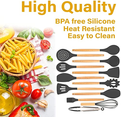 Silicone Cooking Kitchen Utensils Set With Holder. 13 Pc Black Cooking Utensils Set - Heat-Resistant Wooden Handles. Bpa Free Silicone. Non-Stick Cookware #TOP1