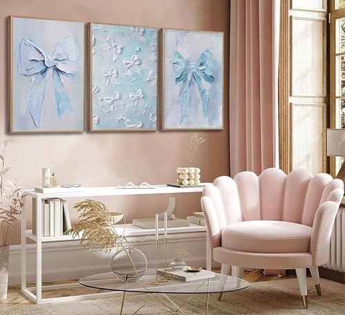 Image of 3Pcs Trendy Blue Bow Canvas Wall Art Vintage Cute Preppy Watercolor Bow Painting Pictures Wall Decor Posters Prints Girly Aesthetic for College Apartment Bedroom Decoration Unframed