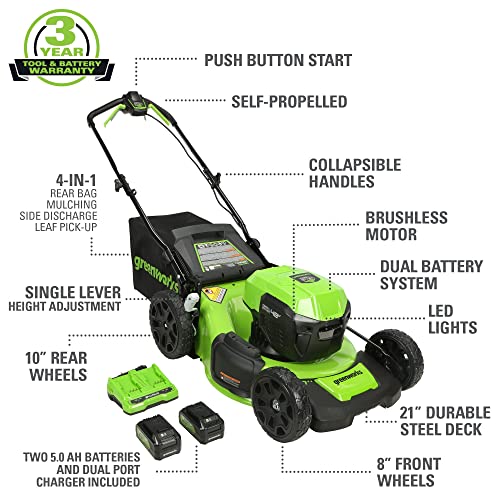Greenworks 48V (24V x 2) High - Performance Cordless Yard Tool Combo: 21" self propelled lawn mower, 12" Trimmer & Blower, with 3 Batteri...