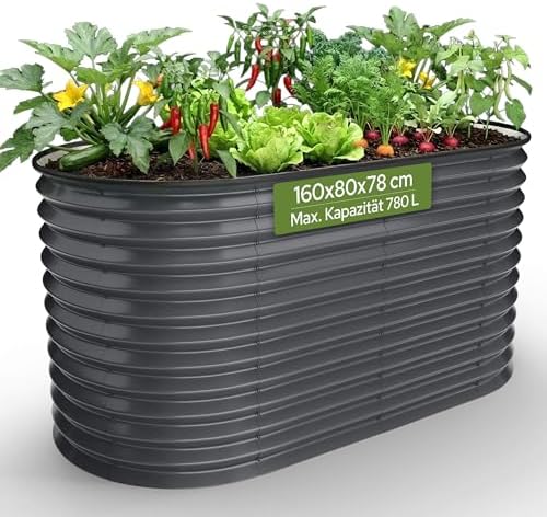 Arebos Hochbeet oval Metall | 160 x 80 x 78 cm | Anthrazit | Garten | Frühbeet, Gemüsebeet, Kräuterbeet, Kräuterhochbeet, Terrasse, Gartenbeet, Beet, Ablagefach, Wetterfest, Gummik