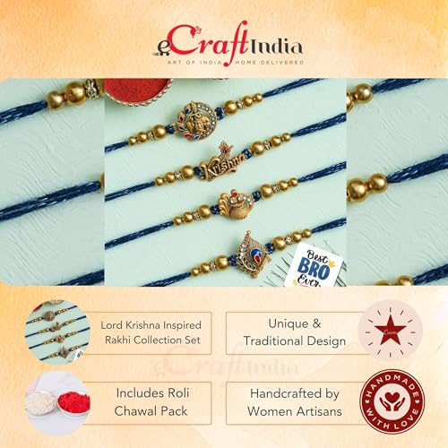 Image of eCraftIndia Flute Peacock Feather Dahi Handi Krishna Playing Flute with Cow Designer Rakhi Set of 4 | Rakhi for Brother Bhaiya Bhai with Best Bro Ever Fridge Magnet | Roli Chawal Pack