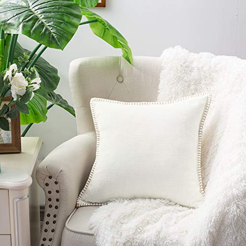 CaliTime Throw Pillow Cases Pack of 2 Cotton Thread Stitching Edges Solid Dyed Soft Chenille Cushion Covers for Couch Sofa Home Farmhouse Decoration 55cm x 55cm Cream - Image 3