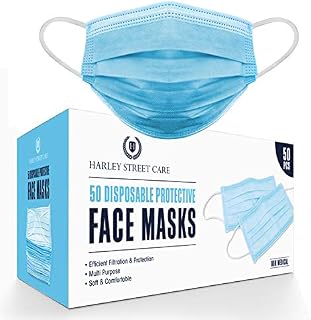 Harley Street Care Disposable Blue Face Masks Protective 3 Ply Breathable Triple Layer Mouth Cover with Elastic Earloops (Pack of 50)