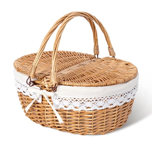 GRANNY SAYS Picnic Basket, Wicker Basket with Lid, Woven Cute Basket with Handle, Storage Basket with Washable Lining & Dual-Flid Lid, Natural Willow Picnic Hamper, White Lining by GRANNY SAYS - Used condition - US$36.54