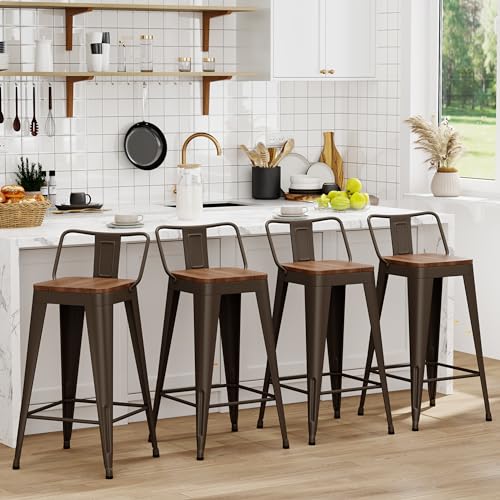Image of WENTMENT Industrial Rusty Bar Stools Set of 4, 24 inch Counter Height, Wooden Seat, Removable Back, Stackable