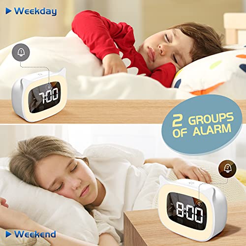 Smouping Kids Alarm Clock With Night Light Stepless Dimming,Cute Cat Ear Digital Clock For Boys And Girls,5 Minute Alarm,Ok To Wake Up Children(White) #TOP4