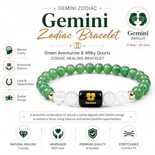 Image of Gemini Zodiac Bracelet (मिथुन राशि) for Men & Women | Green Aventurine & Milky Quartz Crystal Bracelet for Emotional Balance, Focus & Positive Energy | Astrology Healing Bracelet Gift