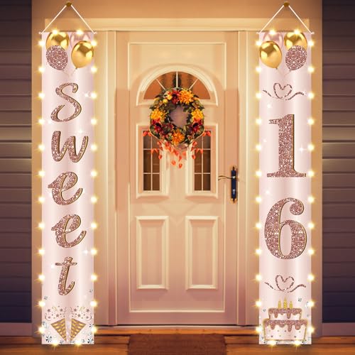 Eiurteao 16th Birthday Party Banner Lighted Decorations for Girls Women-Pink Rose Gold Vintage Sweet 16 Birthday Door Banners with LED Light, Cheers to 16 Years Old Birthday Party Supplies Decor