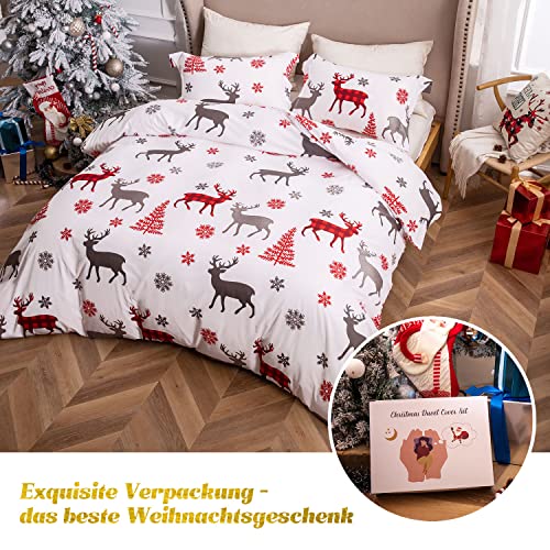 MILDLY Weihnachts-Bettwäsche-Set – Kinder-Weihnachtsfeiertags-Bettwäsche-Set mit Aufdruck – Mädchen, Jungen, Teenager, Schneeflocke, Elch, Rentier, Hirsch, Heimdekoration, Tagesdecke – Rot und Weiß - Image 8