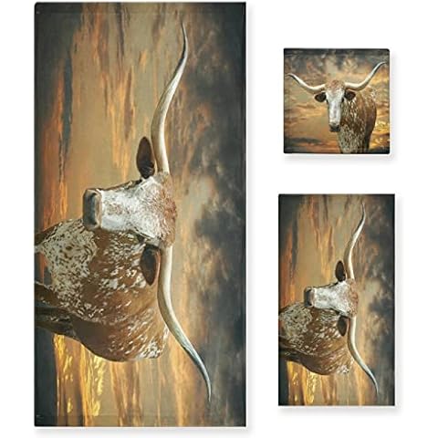 Bath Towels Set for Bathroom,Sunset Texas Longhorn Hill Country Western Old West Cowboys,Luxury Set of 3 Towels,1 Bath Towel,1 Hand Towel,1 Washcloth,Super Absorbent Soft Quick Dry Towel for Spa Cover