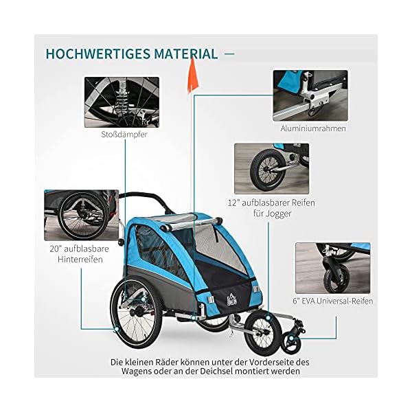 HOMCOM 3 in 1 Kinderanhänger Aluminium Kinder Jogger Fahrradanhänger Radanhänger für 2 Kinder mit… – Bild 6