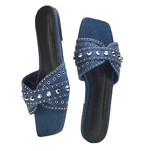 KCTRFSJ Women's Denim Cloth Studded Flat Slide Slippers Fashion Square Toe Non-Slip Open Toe Slip-On Beach Mule Sandals,Summer Comfort Backless Casual Wedding Walking Slide