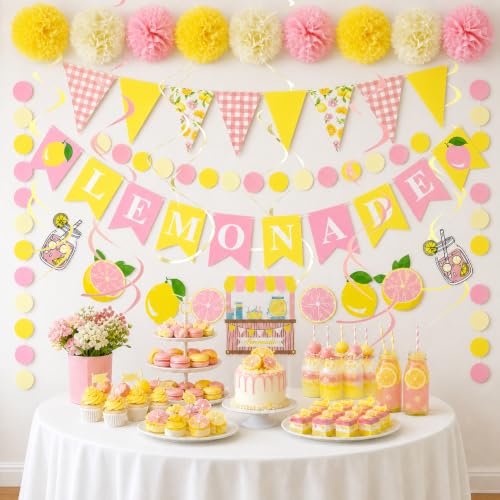 Image of Tesochye Lemon Party Decorations,Pink and Yellow Lemonade Stand Decor | Lemon Triangle Banner, Lemonade Banner,Tissue Pom Poms, Hanging Swirls,Circle Dots Garland for Lemon Birthday Bridal Shower