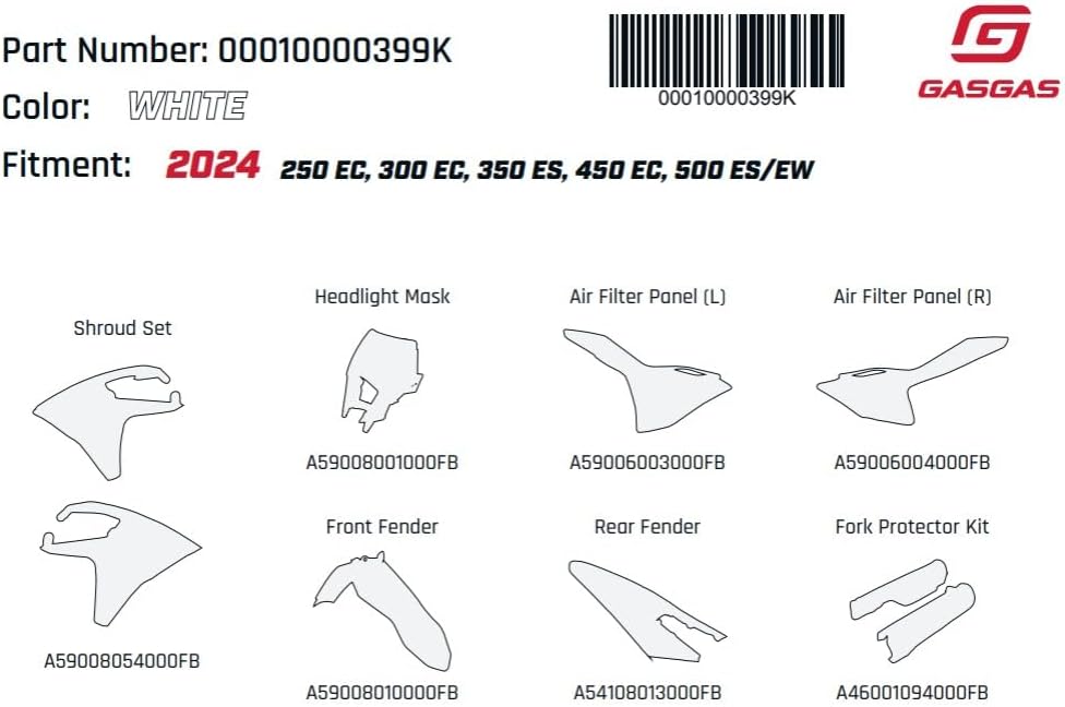Genuine GASGAS White Dirt Bike Body Kit Enduro Version. Contains All Plastic Pieces in One Box