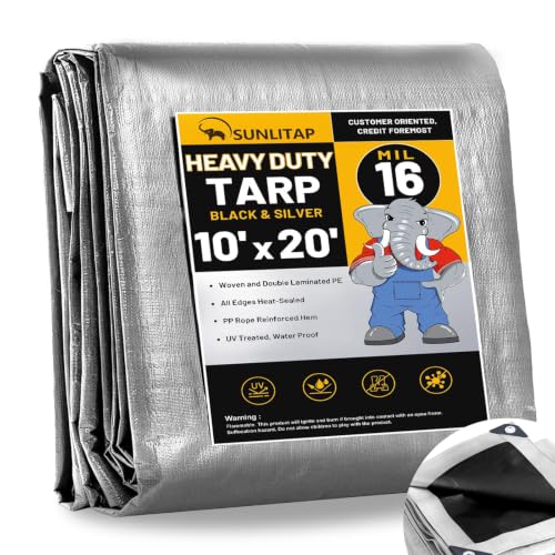 SUNLITAP 10x20Ft Large Heavy Duty Waterproof Poly Tarp Cover, Silver, 16Mil