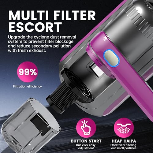 Image of PATO Mattress Vacuum Cleaner, Wireless Handheld Bed Vacuum Cleaner with UV-C Light, HEPA Filter and Ultrasonic Vibration, 12KPa, Suitable for Beds, Sofas, Car Seats, Carpets (Purple)