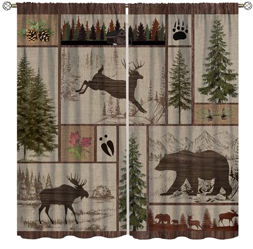 Cabin Retro Curtains Rustic Lodge Window Treatments, Bear Deer Moose Wild Animals Curtains for Living Room, Plaid Check Adventure Farmhouse Drapes 2 Panel Sets,42x45 Inch