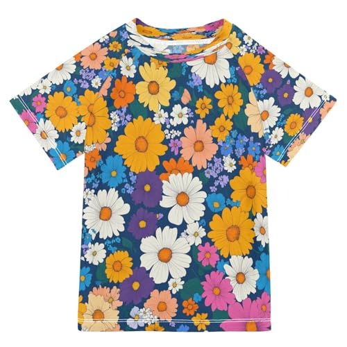 Boys Short Sleeve T-Shirts Bohemia Floral Daisy Rashguard Kids Swim Shirts Sun UPF 50+ Multicoloured