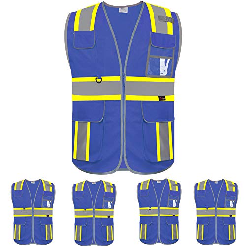 zojo High Visibility Safety Vest, 5PCS,Reflective with Multi-Functional Pockets and Zipper,for Men Women work(Blue-Strip)